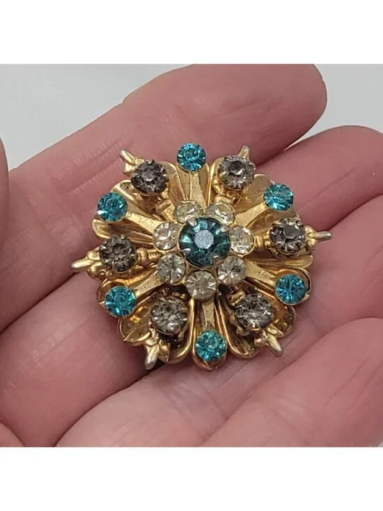 Vtg Gold-Tone Rhinestone Starburst Brooch Pin Turquoise & Clear Crystals Floral - Picture 10 of 10
